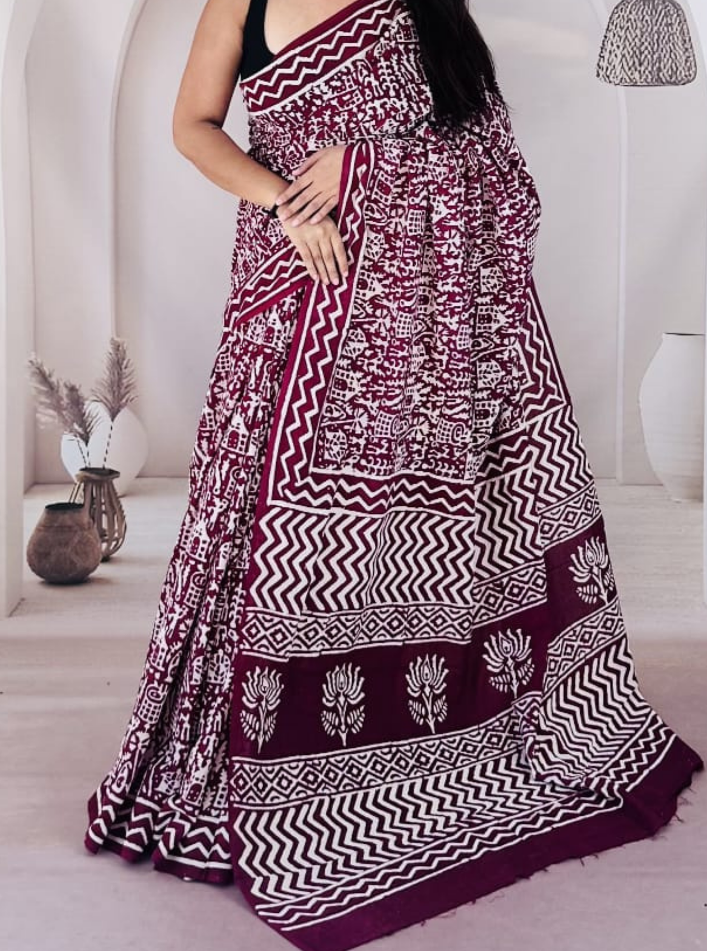Maroon & Ivory Bagru Print Cotton Saree with Geometric Patterns