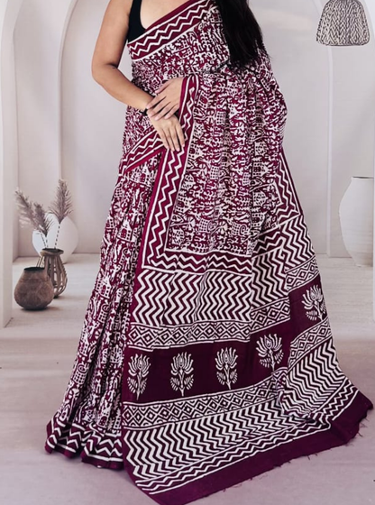 Maroon & Ivory Bagru Print Cotton Saree with Geometric Patterns