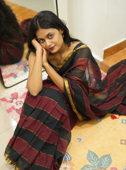 Black & Maroon Striped Mul Cotton Saree with Subtle Gold Border