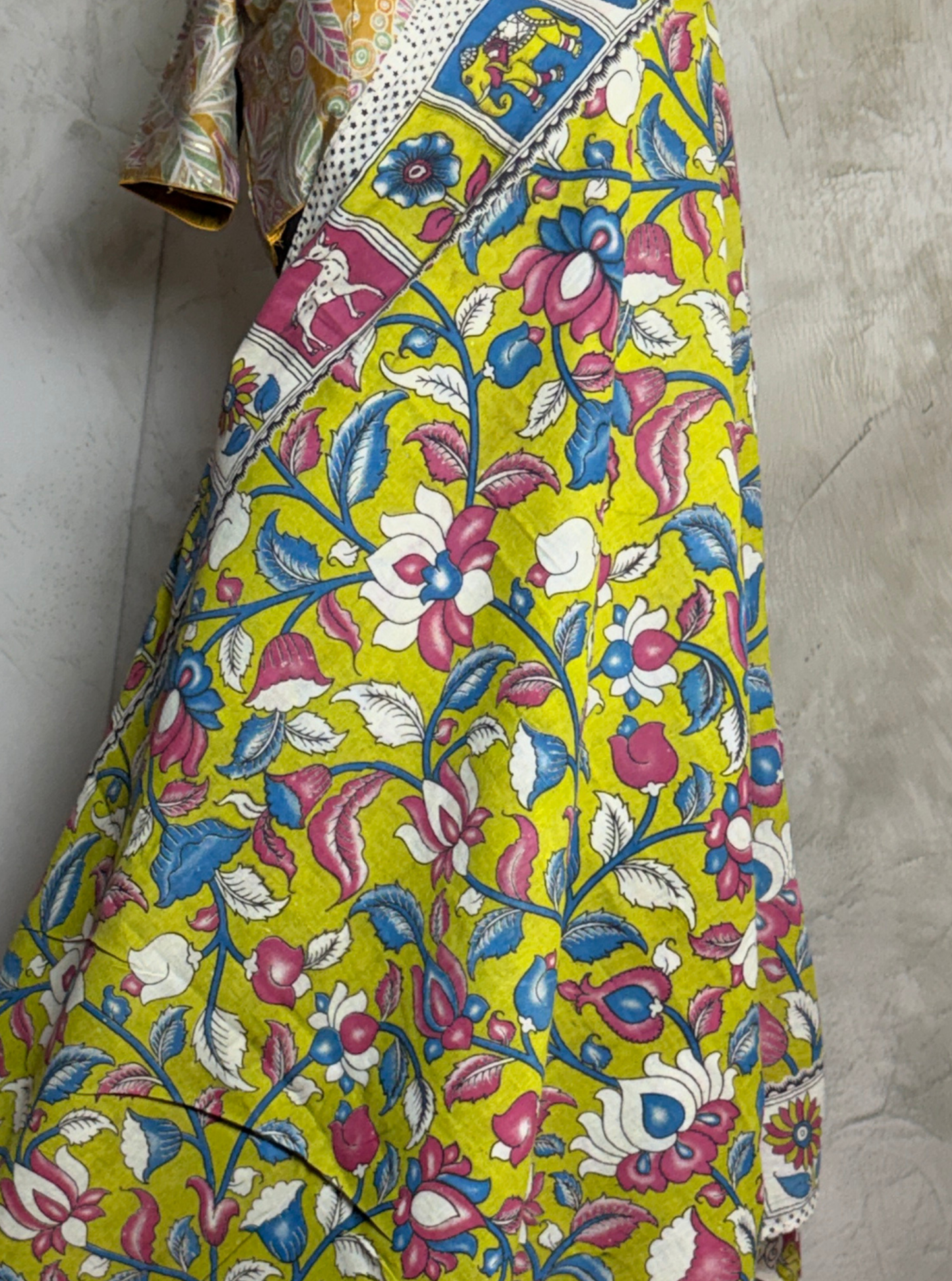 Lime Yellow Cotton Kalamkari Saree with Multicolor Floral Vine Motifs