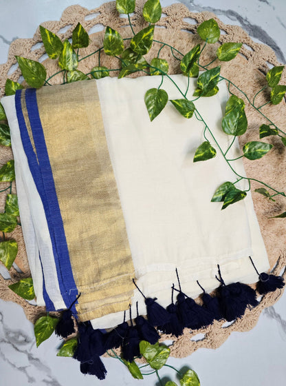 Ivory Mul Cotton Saree with Gold Zari Border, Royal Blue Accent & Navy Tassels