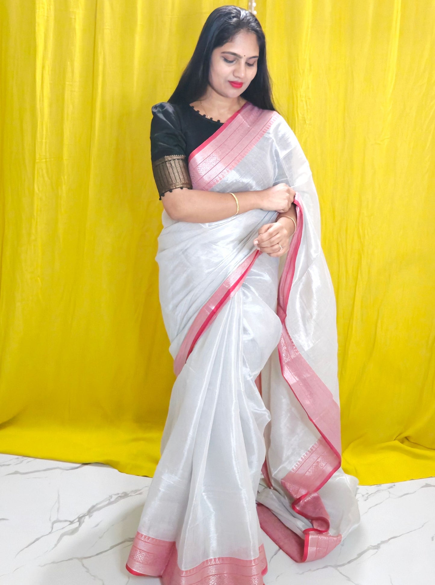 Ivory White Tissue Cotton Saree with Blush Pink Border