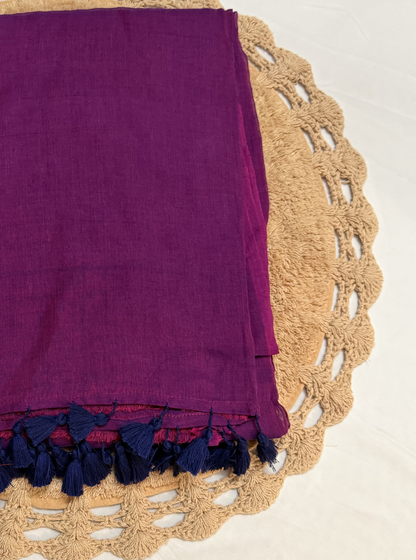 Royal Magenta Mul Cotton Saree with Contrast Navy Tassels