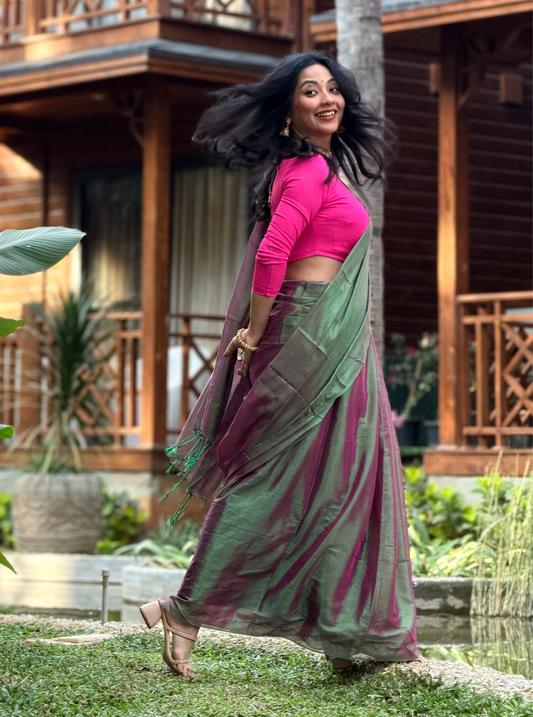 Rose Pink & Aqua Tissue Cotton Saree with Subtle Sheen
