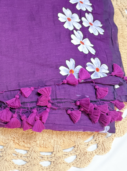 Royal Violet Mul Cotton Saree with Floral Trail Design & Tassel Pallu