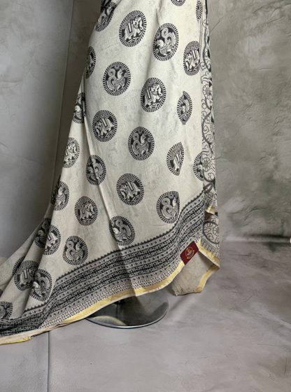 Ivory Kota Cotton Saree with Traditional Circular Motifs & Black Ethnic Border