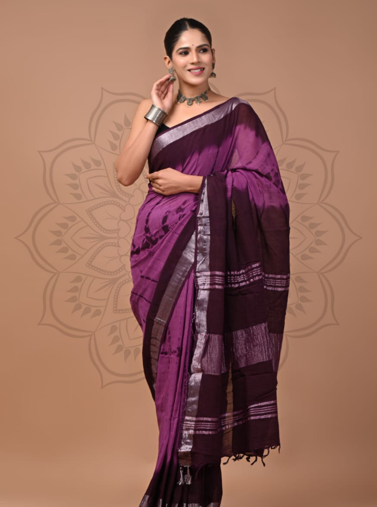 Plum Purple Cotton Linen Saree with Silver Border