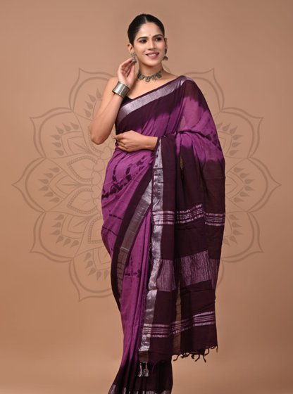 Plum Purple Cotton Linen Saree with Silver Border