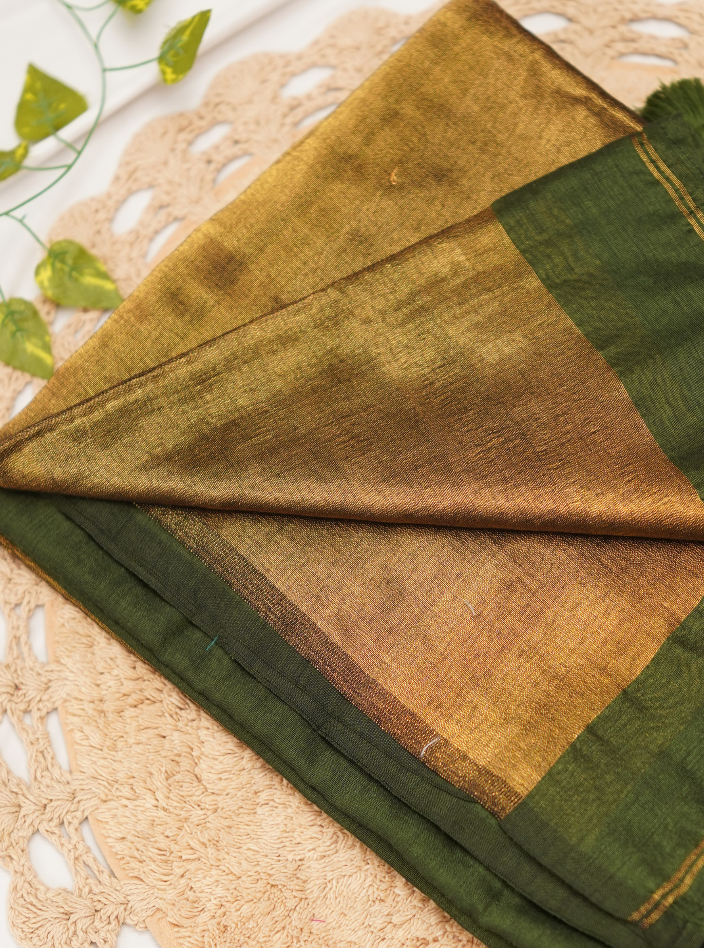 Olive Green Mul Cotton Saree with Rich Gold Pallu & Tassels