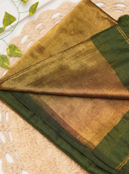 Olive Green Mul Cotton Saree with Rich Gold Pallu & Tassels