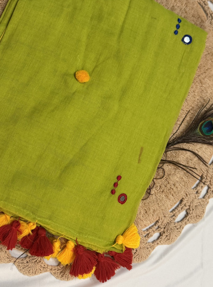 Parrot Green Mul Cotton Saree with Red & Yellow Tassels