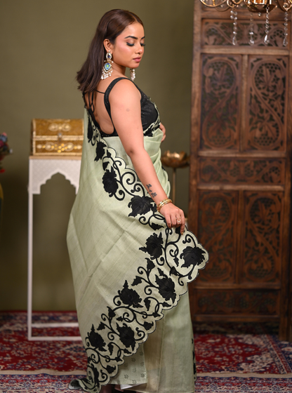 Sage Green Kota Applique Cutwork Saree with Black Floral Border