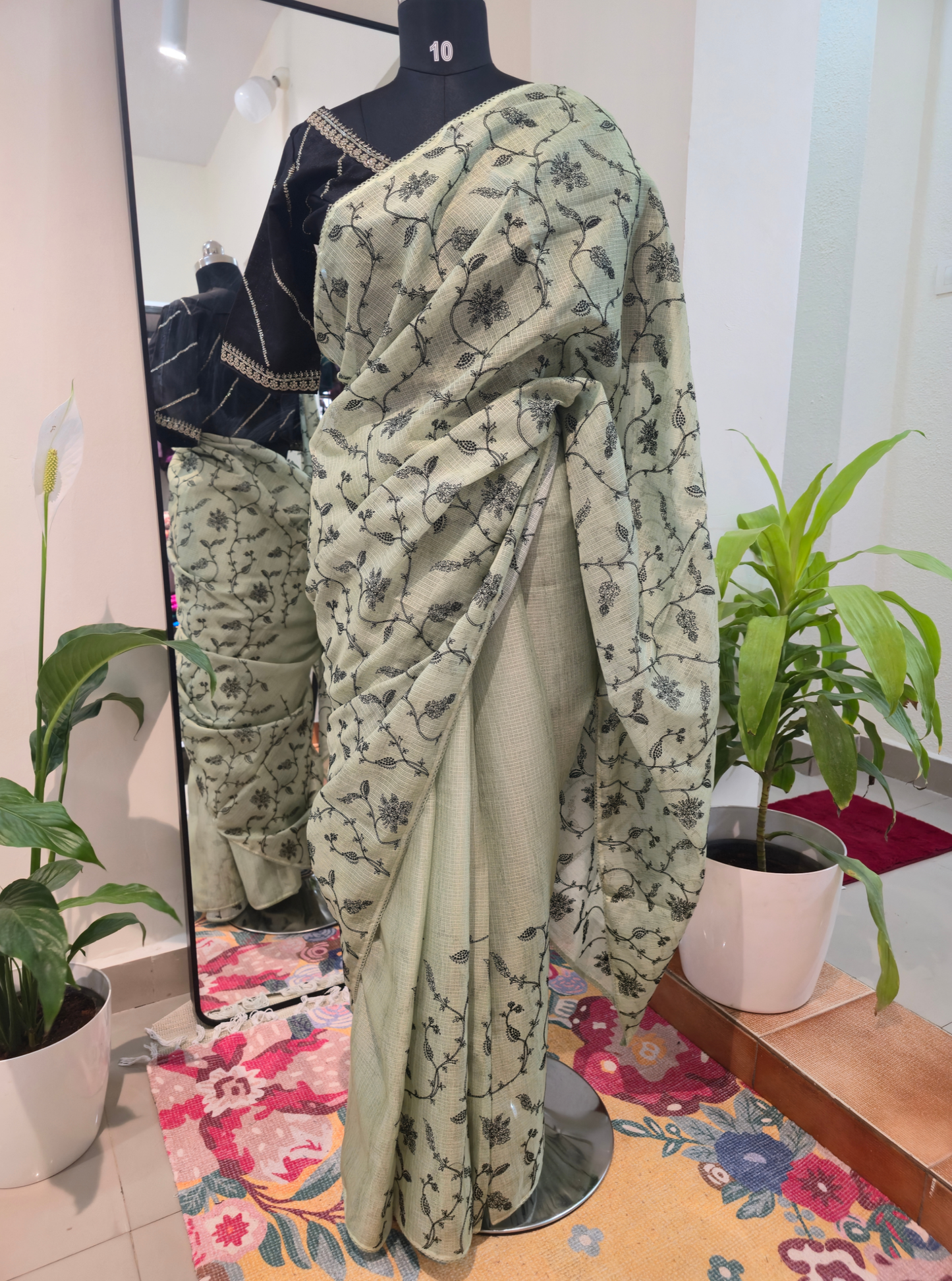 Pastel Green Kota Embroidery Saree with Delicate Floral Thread Work