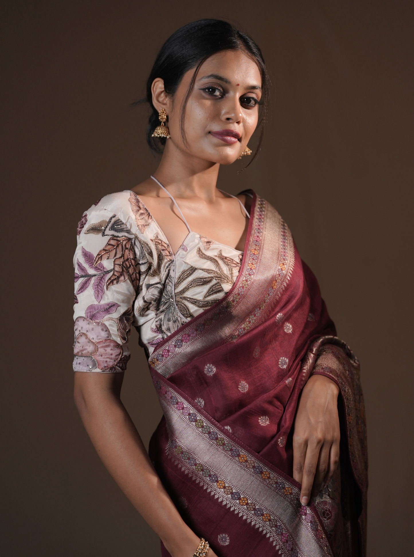 Elegant Wine Tussar Silk Saree with Woven Zari Motifs