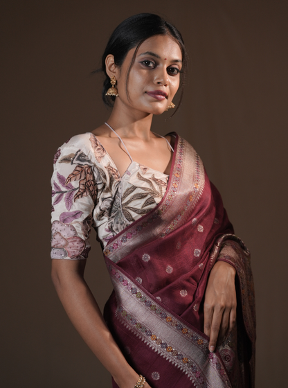 Elegant Wine Tussar Silk Saree with Woven Zari Motifs