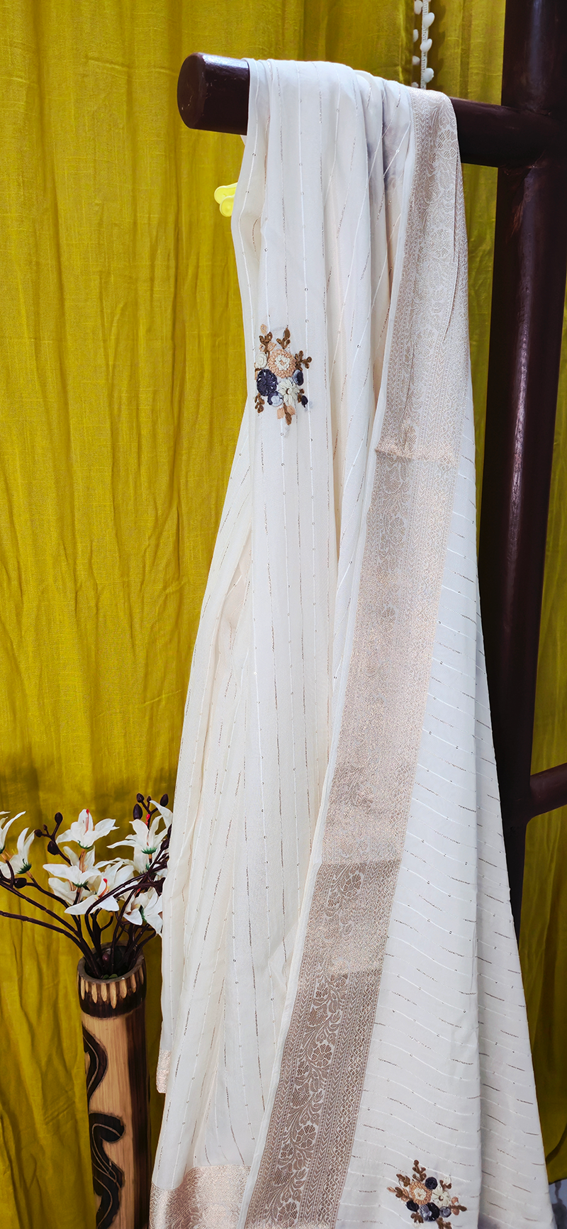 Beautiful White Georgette Saree with Hand Embroidery for Festive Wear