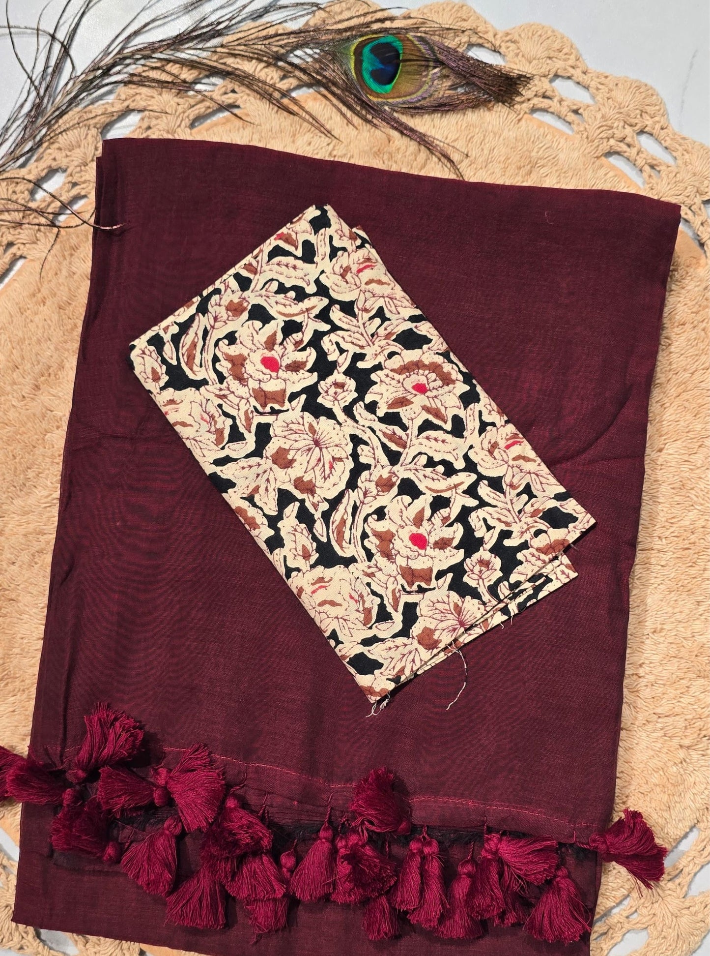Wine Mul Cotton Saree with Maroon Tasselled Pallu & Floral Printed Blouse