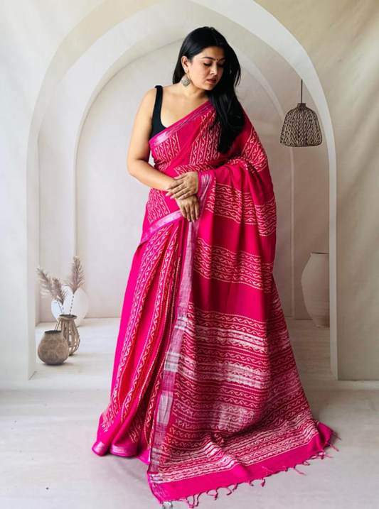 Rani Pink Hand-Printed Linen Cotton Saree with Traditional Linear Motifs