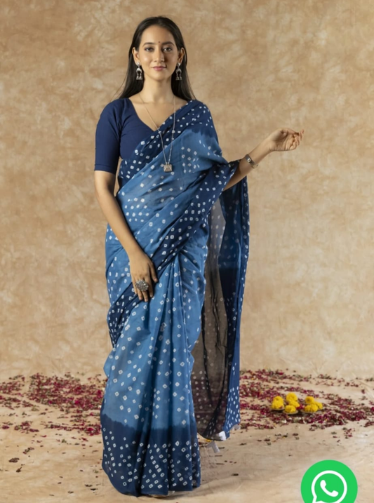 Indigo Blue Bagru Print Cotton Saree with Dotted Bandhani Motifs