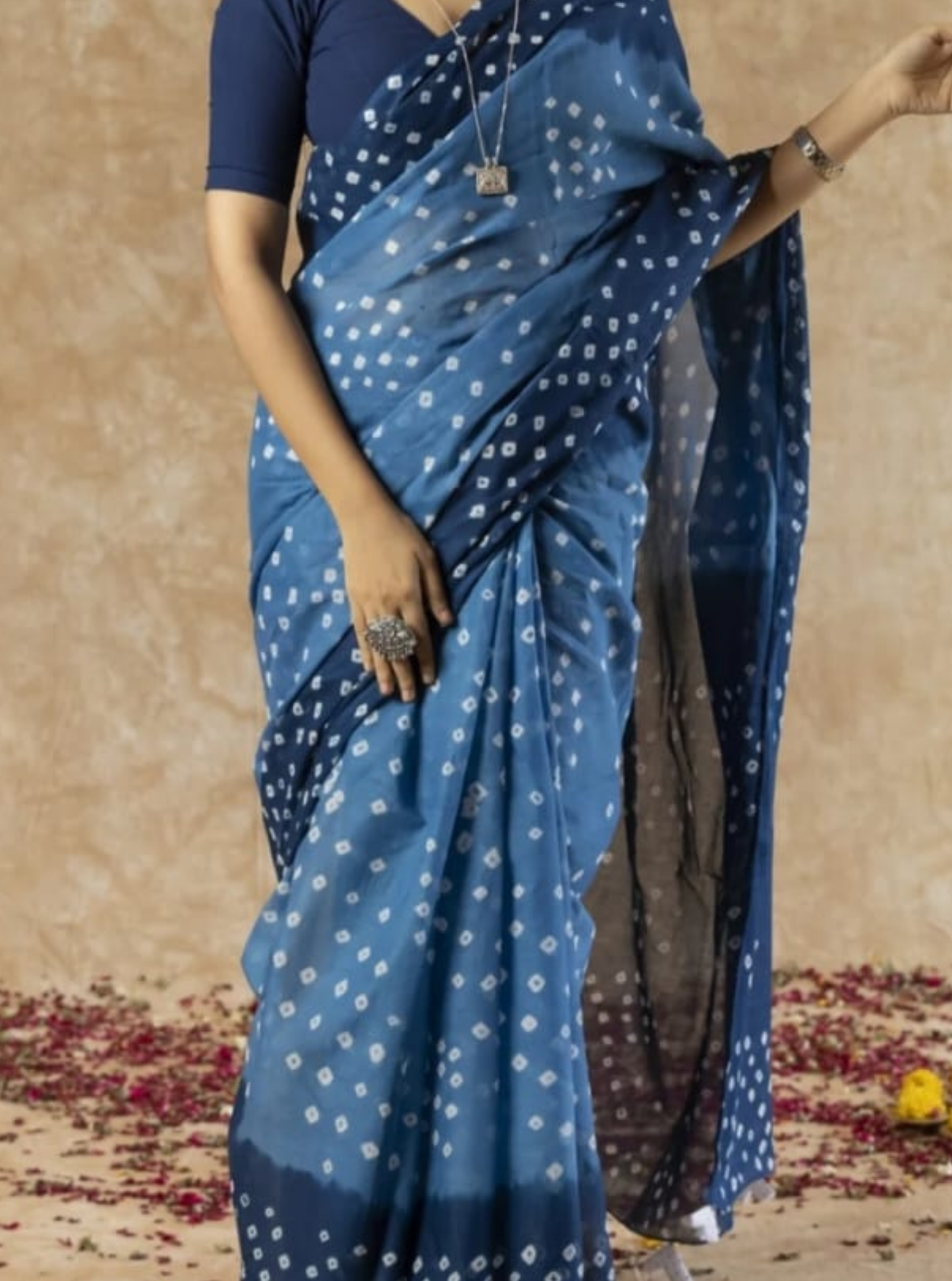 Indigo Blue Bagru Print Cotton Saree with Dotted Bandhani Motifs