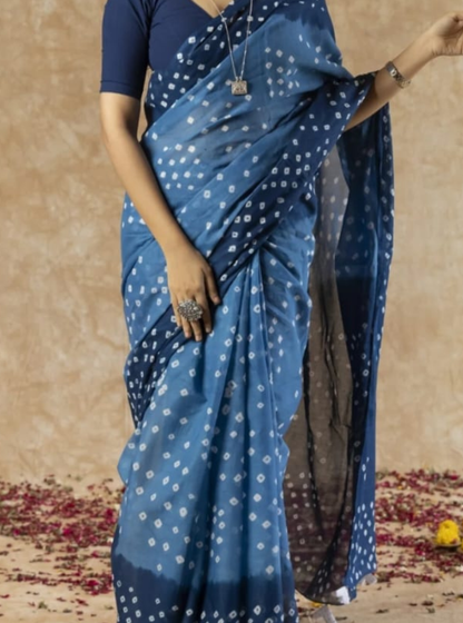 Indigo Blue Bagru Print Cotton Saree with Dotted Bandhani Motifs