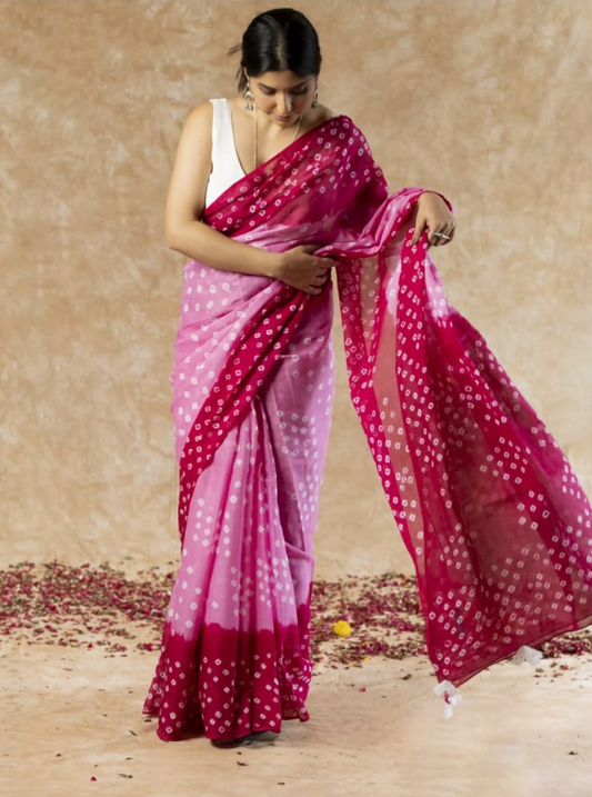 Pink Ombre Bagru Print Cotton Saree with Bandhani Dots