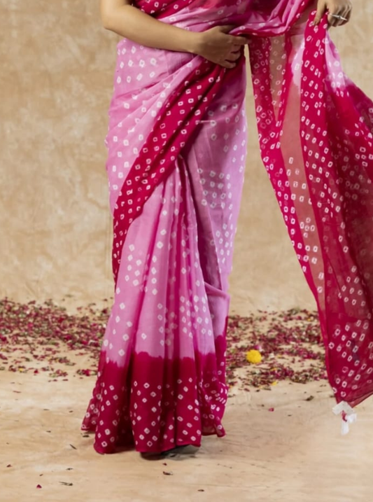 Pink Ombre Bagru Print Cotton Saree with Bandhani Dots