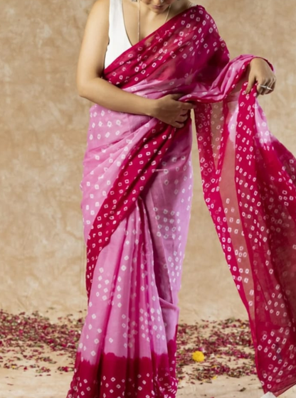 Pink Ombre Bagru Print Cotton Saree with Bandhani Dots