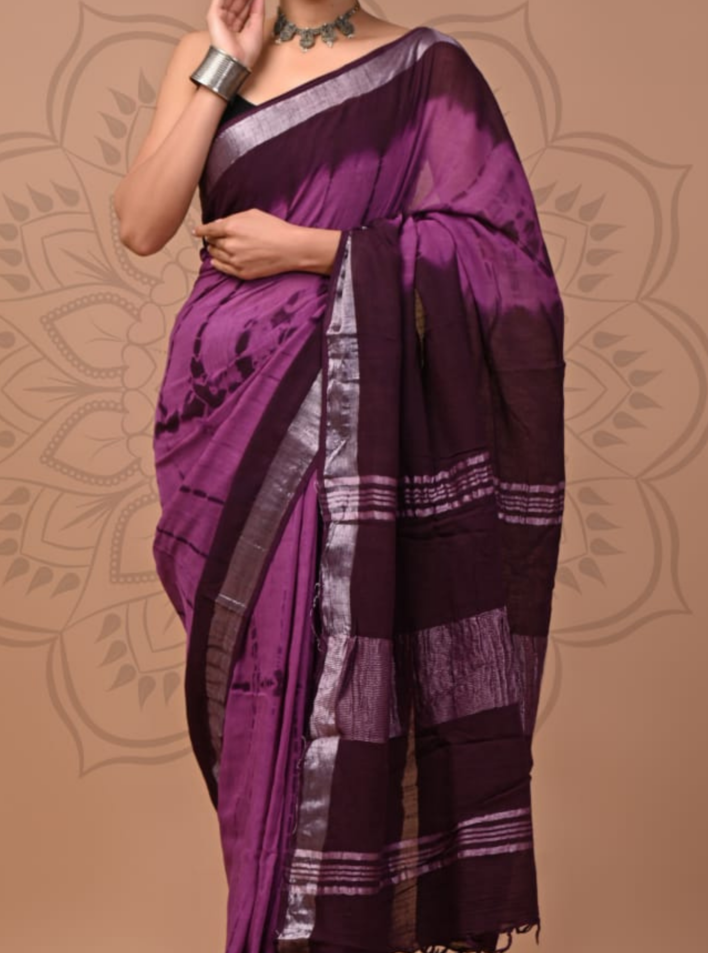 Plum Purple Cotton Linen Saree with Silver Border