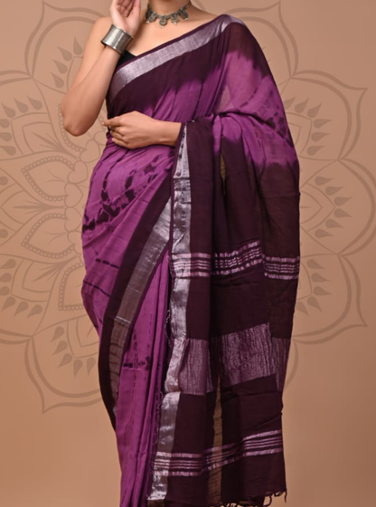 Plum Purple Cotton Linen Saree with Silver Border
