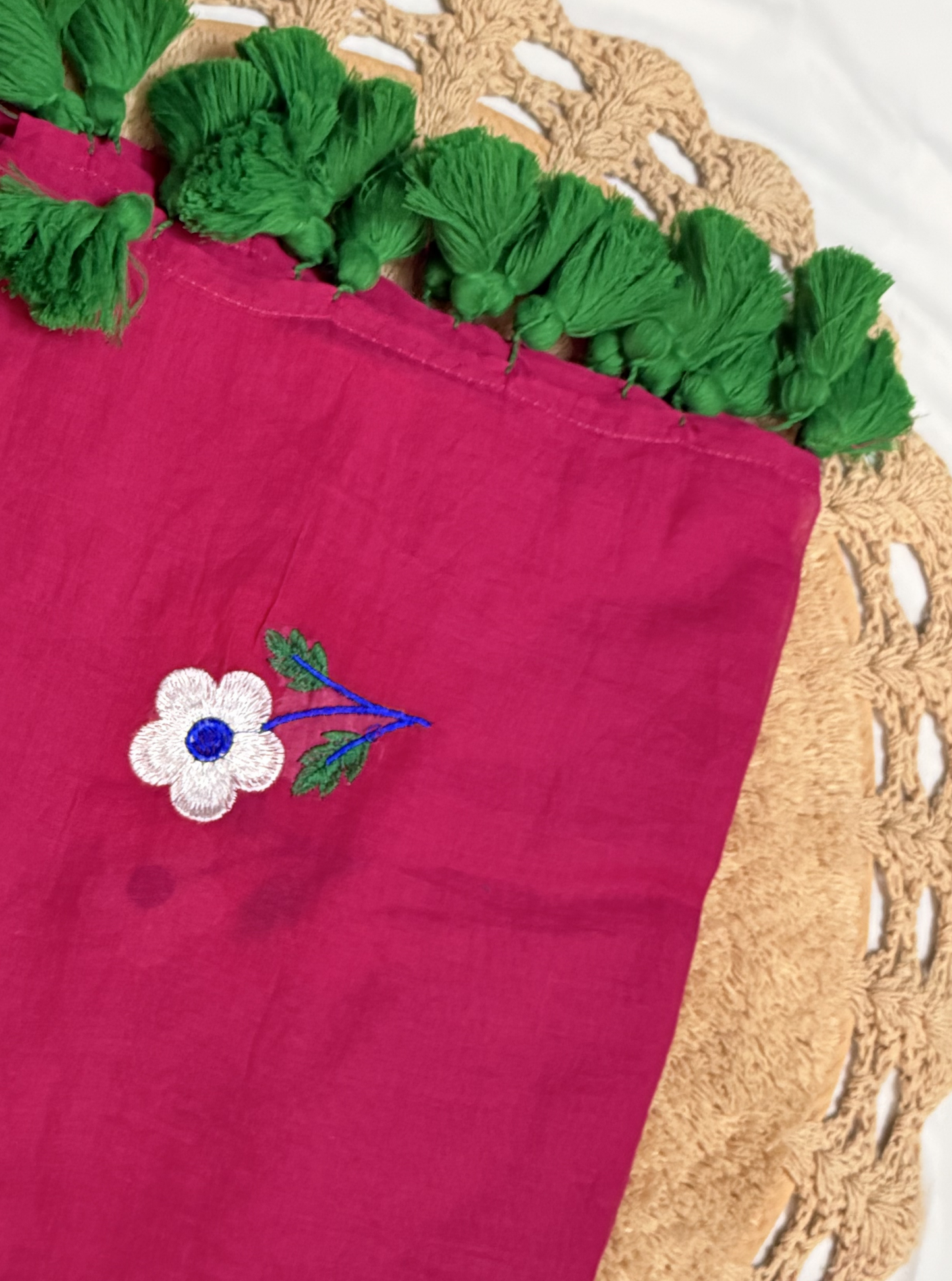 Blossom Pink Mul Cotton Saree with Floral Embroidery & Green Tassels