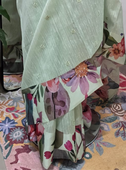 Mint Green Tussar Saree with Floral Digital Print & Subtle Embellishments