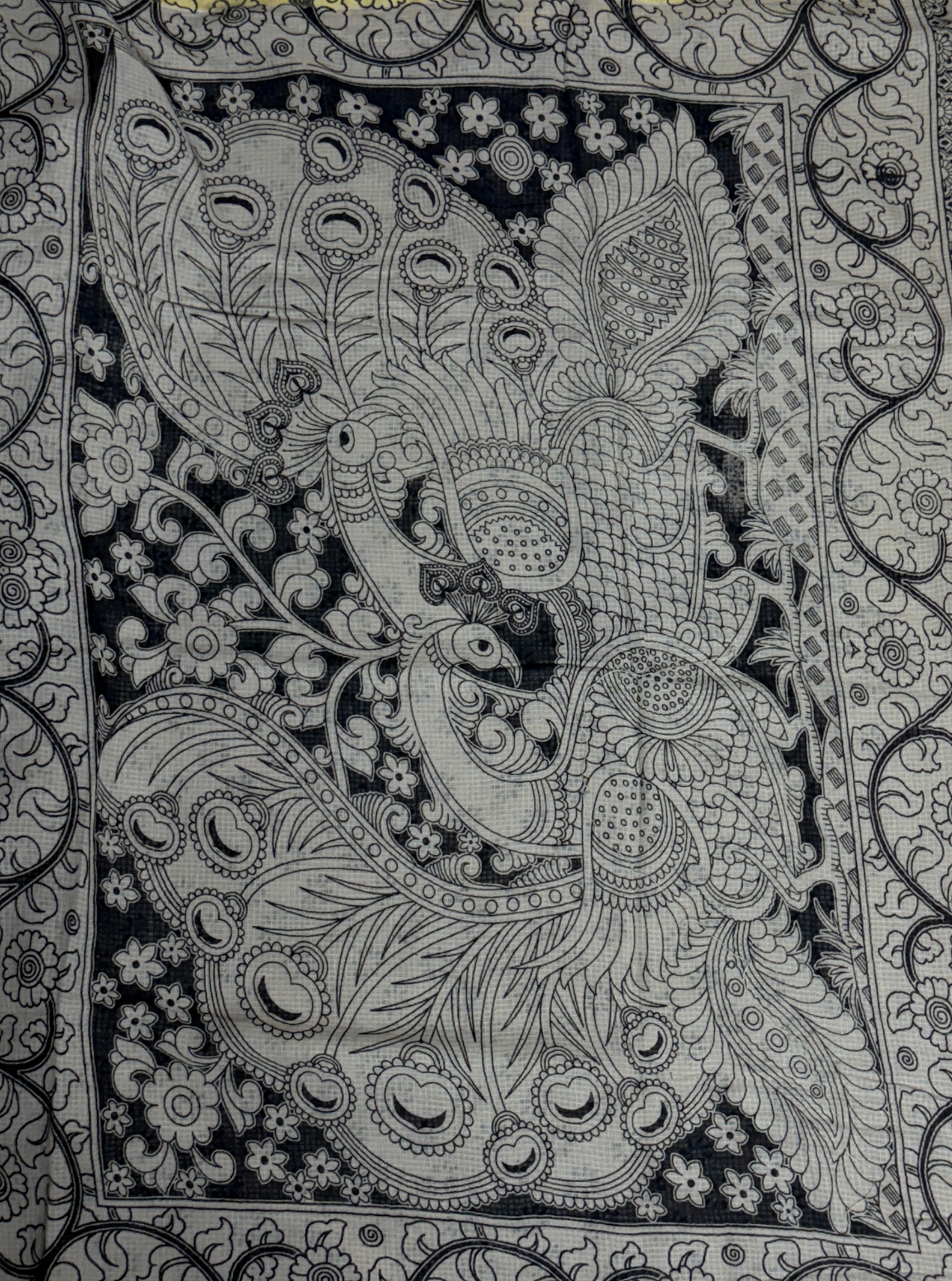 Ivory Kota Cotton Saree with Traditional Circular Motifs & Black Ethnic Border