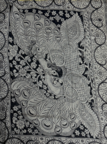 Ivory Kota Cotton Saree with Traditional Circular Motifs & Black Ethnic Border