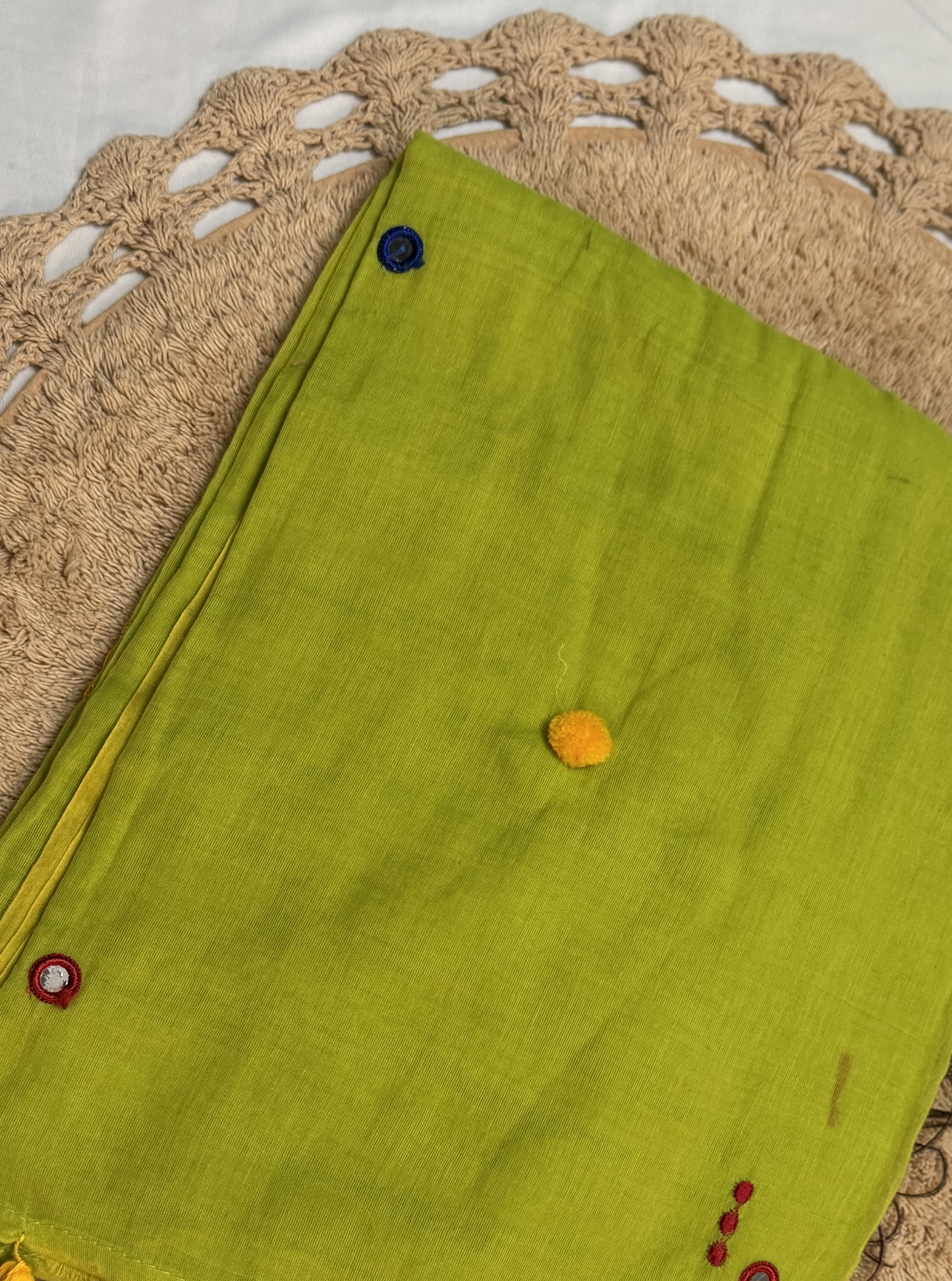 Parrot Green Mul Cotton Saree with Red & Yellow Tassels
