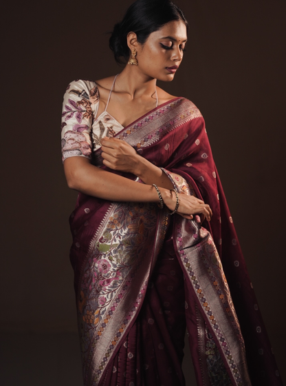 Elegant Wine Tussar Silk Saree with Woven Zari Motifs