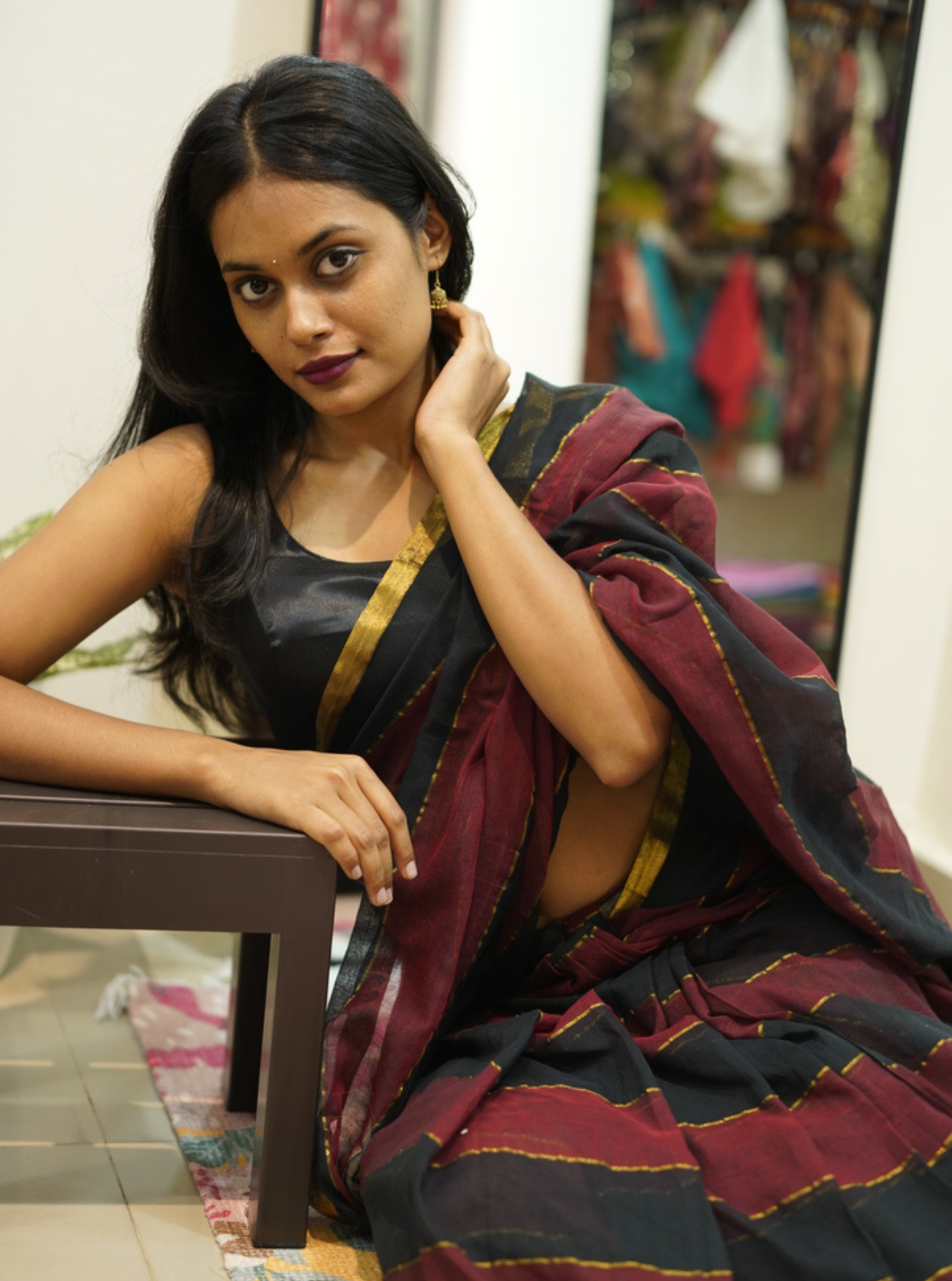 Black & Maroon Striped Mul Cotton Saree with Subtle Gold Border