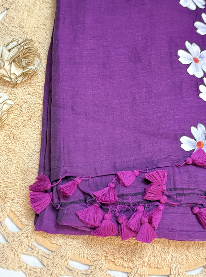 Royal Violet Mul Cotton Saree with Floral Trail Design & Tassel Pallu