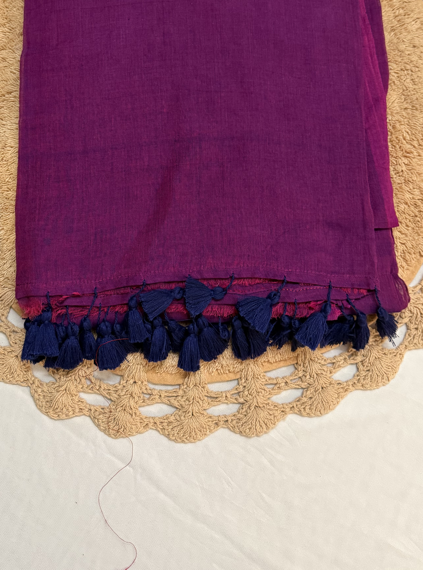 Royal Magenta Mul Cotton Saree with Contrast Navy Tassels