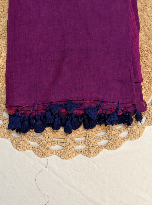 Royal Magenta Mul Cotton Saree with Contrast Navy Tassels