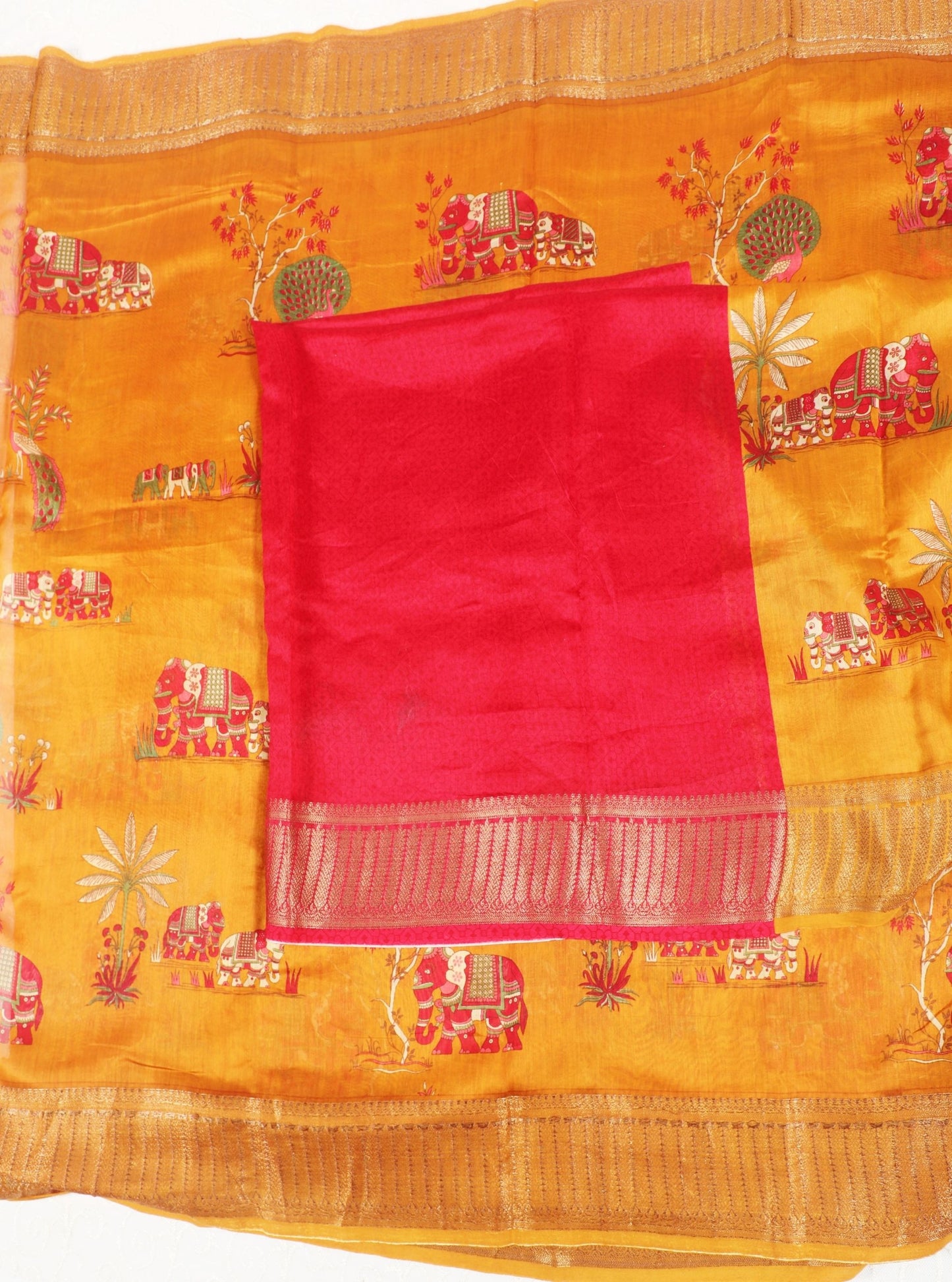 Mustard Yellow Chanderi Silk Saree with Royal Elephant Motifs & Red Contrast Blouse