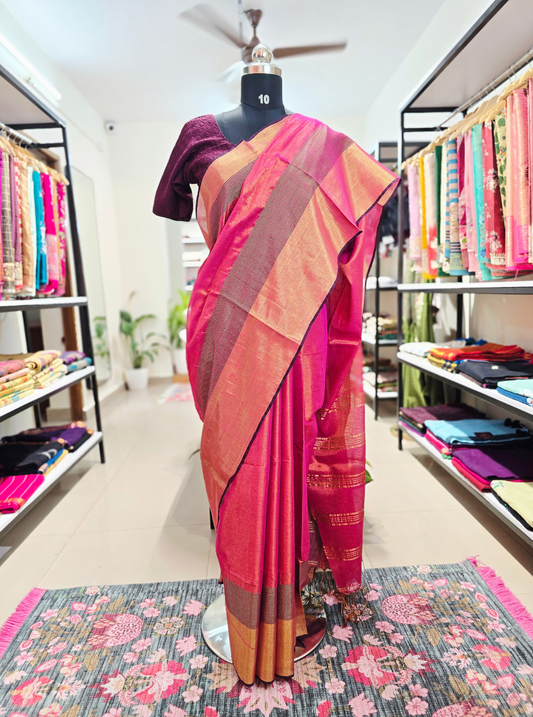 Elegant Pink Tissue Linen Saree with Gold Border & Contrast Stripes