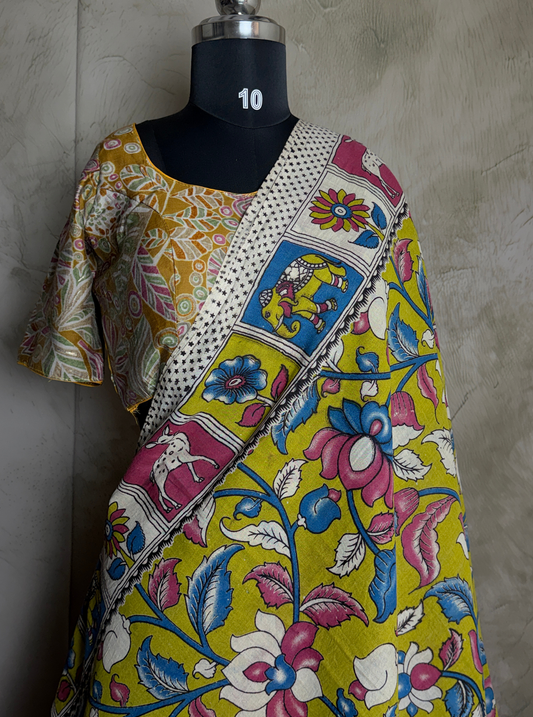 Lime Yellow Cotton Kalamkari Saree with Multicolor Floral Vine Motifs