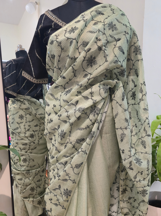 Pastel Green Kota Embroidery Saree with Delicate Floral Thread Work
