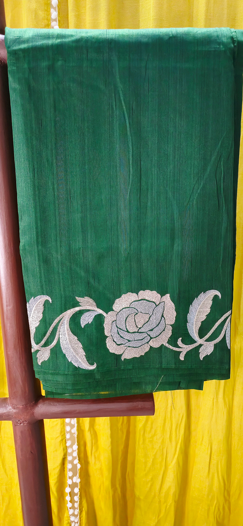 Classic Green Tussar Silk Saree with Silver Flower Embroidery Border for Festive Wear
