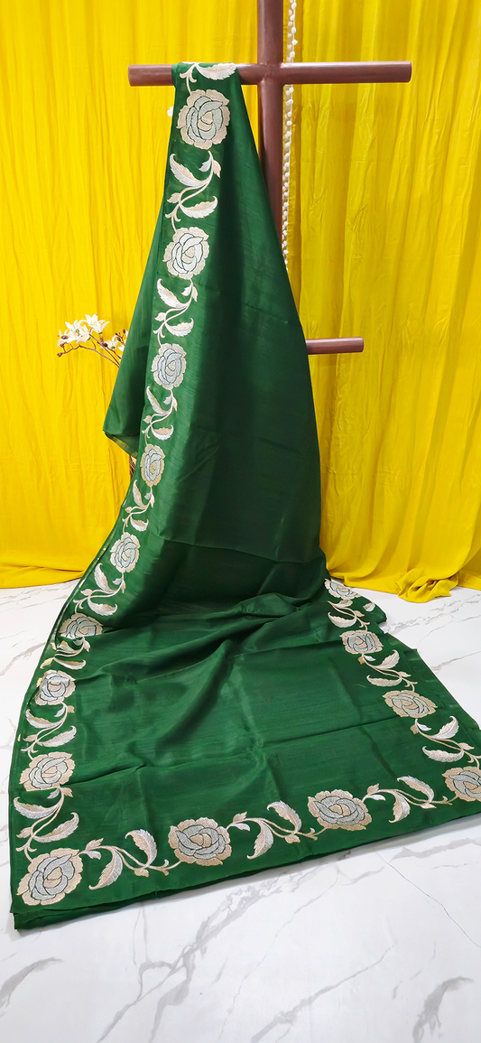 Classic Green Tussar Silk Saree with Silver Flower Embroidery Border for Festive Wear