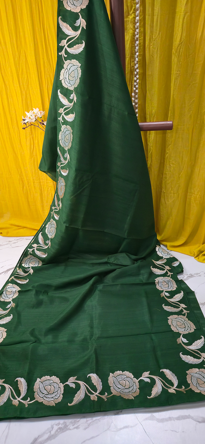 Classic Green Tussar Silk Saree with Silver Flower Embroidery Border for Festive Wear