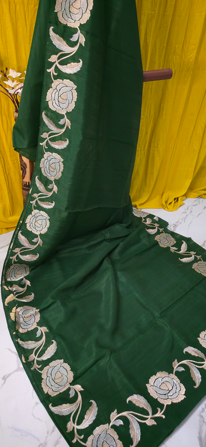 Classic Green Tussar Silk Saree with Silver Flower Embroidery Border for Festive Wear