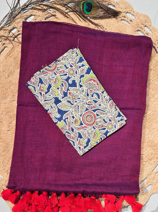 Plum Mul Cotton Saree with Red Tasselled Pallu & Floral Printed Blouse