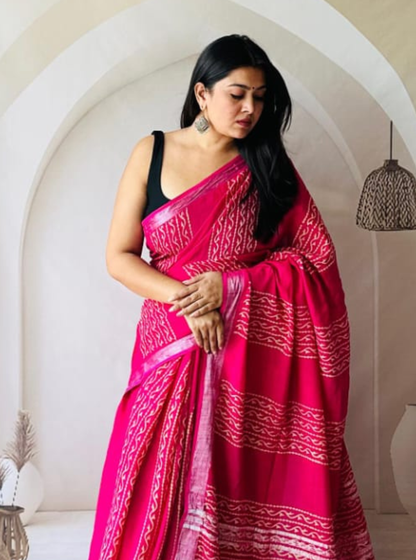 Rani Pink Hand-Printed Linen Cotton Saree with Traditional Linear Motifs